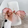 Óculos de sol vintage sem aro strass feminino design moda lente gradiente óculos de sol masculino sombras para mulheres
