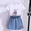 Ensembles de vêtements enfants filles vêtements mignons costume été vêtements pour enfants coton haut à manches courtes short en jean deux pièces ensemble 4 6 8 10 12 14 ans x0803