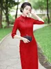 Etnisk kläder vår Autumn maxi röd cheongsam bankett prestanda komposit spets kinesisk stil traditionell kväll bröllop klänning för