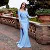 Elegantes blaues Meerjungfrau-Abendkleid mit quadratischem Ausschnitt, 3/4-Ärmeln und Paillettenapplikationen, Kleid für die Brautmutter 326