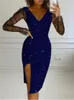 Casual Dresses Women Rhinestone Sheer Mesh BodyCon Midi Dress 2023 Femme Long Sleeve Transparent Skinny Party Robe Sexig Lady Club Clothing