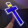 Obiekty dekoracyjne figurki Niestandardowe Jezus Blue Neon Znak LED Krzyż w kształcie kreskowania do piwa Ręcznie wykonane szklane dekoracje do domu do domu dekoracje na ścianie 230804