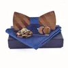 Bow Ties Pocket Square Broş Gravata Tie Hanky ​​Cufflink Setleri Çizgili Ahşap Çizgili