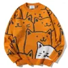 Pulls pour hommes japonais Harajuku Vintage pull hommes 2023 automne dessin animé chat lâche impression tricoté Hip Hop Strtwear tricots pulls