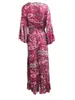 Robes Décontractées Femmes Robe Maxi Imprimé Floral Avec Manches À Volants Et Cordon De Serrage À La Taille - Élégant Col En V Boutonné Devant Bohemian A-Line Long