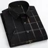 Men's Casual Shirts 6XL Summer Men Short Sleeve Printed Stretch Fashion Plaid Striped Business Formal Social Dress Shirt For Man 230804