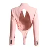 Women's Jackets PREPOMP Autumn Arrival Long Sleeve Turn Down Collar Hollow Out Backless Padded Shoulder Slim Pink Blazer Coat GH002 230803