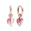 Studörhängen Autentisk 925 Sterling Silver Pink Murano Glass Leaf Fashion Hoop For Women Gift Diy Jewelry