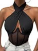 Femmes T-shirts Femmes Sexy Dentelle Patchwork Halter Cou Sans Manches Dos Nu Crop Top Avec Couleur Unie Et Bustier Corset Design