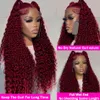 Mänskligt hår Kapslösa peruker 13x4 Deep Curly Spets Frontal Wig Transparent 99J Bourgogne T Part Spets Front Wigs Red Colored HD Deep Wave Human Hair Wigs X0802