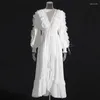 Casual Dresses White Lace Patchwork Women Dress Elegant Sexig V-ringad långärmad asymmetrisk 63008