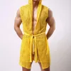 Chemises décontractées pour hommes Sexy Robe de salle de bain Hommes Transparent évider Design Cardigan Loisirs Pyjamas Homewear Lâche Cordon Taille Ceinture Tops