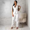 Kadınlar İki Parçalı Pantolon Kadın Yüksek Bel Kalem Takım Düz Renk Blazer Yelek Beyaz Set Kolsuz Ofis Elastik