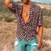 Men's Casual Shirts Men Summer Lapel Short Sleeve Shirt Top Leopard Print Single-Breasted Thin Hawaiian Beach Streetwear