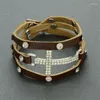 Strand Miasol Trendy Fashion Double Wrap Real Soft Leather Crystal Cross Charm Girl Armband för kvinnliga gåvor