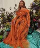 Casual Dresses Fashion Orange Pleated Tulle Women Sheer See Thru Mesh Long Evening Dress Lush Ruffles Floor Length Party Gowns Vestiti