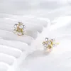 Stud Earrings CZ Flower Cluster Feshwater Pearl For Women Girls Jewelry Brass Yellow Gold Color Aros Arete Orecchini Oorbellen