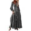 Robes Décontractées Femmes Robe Maxi Imprimé Floral Avec Manches À Volants Et Cordon De Serrage À La Taille - Élégant Col En V Boutonné Devant Bohemian A-Line Long