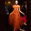 Casual Dresses Fashion Orange Pleated Tulle Women Sheer See Thru Mesh Long Evening Dress Lush Ruffles Floor Length Party Gowns Vestiti