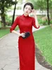 Ethnic Clothing Spring Autumn Maxi Red Cheongsam Banquet Performance Composite Lace Chinese Style Traditional Evening Wedding Dress For