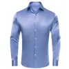 Chemises décontractées pour hommes Salut-Cravate Haze Bleu Solide Soie Hommes Revers À Manches Longues Robe Chemise Blouse Douce Pour Homme Formel Mariage Cadeau D'affaires