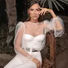 Chérie Combinaison Robes De Mariée avec Veste Sheer Puff Sleeve Manteau Tenue Droite Robe De Mariée 2 Pièces Pantalon Robe De Novia