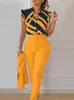 レディースツーピースパンツエレガントな女性セットスーツファッションプリントフリルスリーブトップソリッドカラーベルトブラウスの女性服