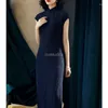 Vêtements ethniques 2023 manches courtes amélioré Cheongsam femme été Vintage Style chinois longue couleur unie col montant Qipao robe S465