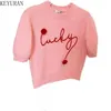 Kvinnors tröjor Spring Summer Sweet Pink Letters Sticked Short Sleeve Sweaters Women Pullovers Korean Chic Basic Knitwear Tops Jumpers 230803