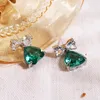 Brincos pendentes moda 925 agulha de prata coração gota de pedra verde adorável laço strass orelha brinco para mulheres joias para festa de casamento