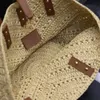 Women Raffia medium leather-trimmed tote bag Basket Straw Bag Palm and Leather Designer Hand Woven Cross Body Open Beach Handbag Ladies Summer Weave Shoulder Bags