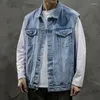 Coletes Masculinos Denim Coletes Jaquetas Sem Mangas Jeans Casaco Outono Solto Casual Cargo Vestuário Masculino Outerwear Azul Streetwear