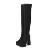 Bottes Hiver Femmes Long Pointu Cuir Épais Bas Glissière Latérale Plate-Forme D'eau Talon Haut Sexy Sur Genou