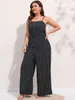 Damen-Hose in Übergröße, gepunktet, weites Bein, Cami-Overall, ärmellos, Spaghettiträger, modisch, elegant, lang, 230804