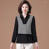 Women's T Shirts Office Lady Shirt Collar Striped Patchwork Long Sleeved T-shirts Spring Autumn Clothing Comfortable Ity Tops