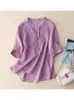 Blusas femininas 7 cores -- Lamtrip exclusiva retrô com decote em V babados flores bordado linho meia manga camisa de algodão blusa feminina 2023