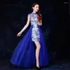 Vestuário Étnico Azul Branco Cetim Cheongsam Chinês Vestidos de Noite Longo Vestido Vintage Estilo Oriental Moda Vestido Qipao Feminino Robe Rouge