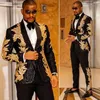 Men's Suits 2023 2 Pieces Slim Fit Shiny Sequins Gold Applique Prom Tuxedos Grooms Jacket Wedding Party Set (Blazer Pants)