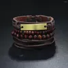 Braccialetti con ciondoli Bracciale in pelle vintage per uomo Perline di legno multistrato intrecciate con toppa gialla Gioielli in corda da tirare