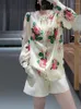 Bluzki damskie Wysokiej klasy jadalny kołnierz drzew Rose Pringting Women koronki w górę koszule vintage miękka satynowa luźna bluzka na samice camisas
