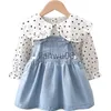 Kleding Sets Meisje Baby Jurk Bandje Jurk Set Kinderkleding Pak Polka Dot Print Top Denim Jurk Kinderen Shirt Lange Mouw Jurk 2 Stuks Set x0803