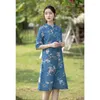 Ethnic Clothing Elegant Women Print Flower Cheongsam Summer Cotton Linen Qipao Vestidos Chinese Girl Party Dress Vinatge Mandarin Collar Qi