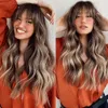 Synthetic Wigs ALAN Honey Brown Highlight for Black Women Long Wavy with Bangs Cosplay Colored Hair Heat Resistant 230803