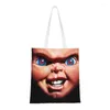 Shoppingväskor djävul docka chucky livsmedel väska tryck canvas shoppare tote axel barns spel slasher skräckfilm handväska