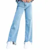 Dżinsowe dżinsy Summer Women Cargo Spodnie wysokiej talii swobodny krawędź modyfikowana noga szeroka koreańska odzież uliczna