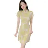 Этническая одежда винтажная женщина Slim Cheongsam китайский стиль девушка ежедневное платье элегантное короткое рукав Qipao vestidos sexy print flower mini qi