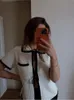 Basic Casual Dresses Cotton Knitted Hollow Out Top Skirt 2 Piece Set Lapel Short Sleeve Tops Striped Suit 2023 Summer Women s Vacation Outfits 230804