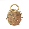 Evening Bags 2023 New Handmade Rhinestone Crystal Embellished Straw Bag Straw Bucket Bags Lady Travel Purses Handbags sac en paille femme J230804