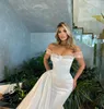 Glamourous Satin Mermaid Wedding Dresses Illusion Pearls Off Shoulder Wedding Dress Sweep Train de Mariee Bridal klänningar