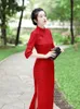 Etnisk kläder vår Autumn maxi röd cheongsam bankett prestanda komposit spets kinesisk stil traditionell kväll bröllop klänning för